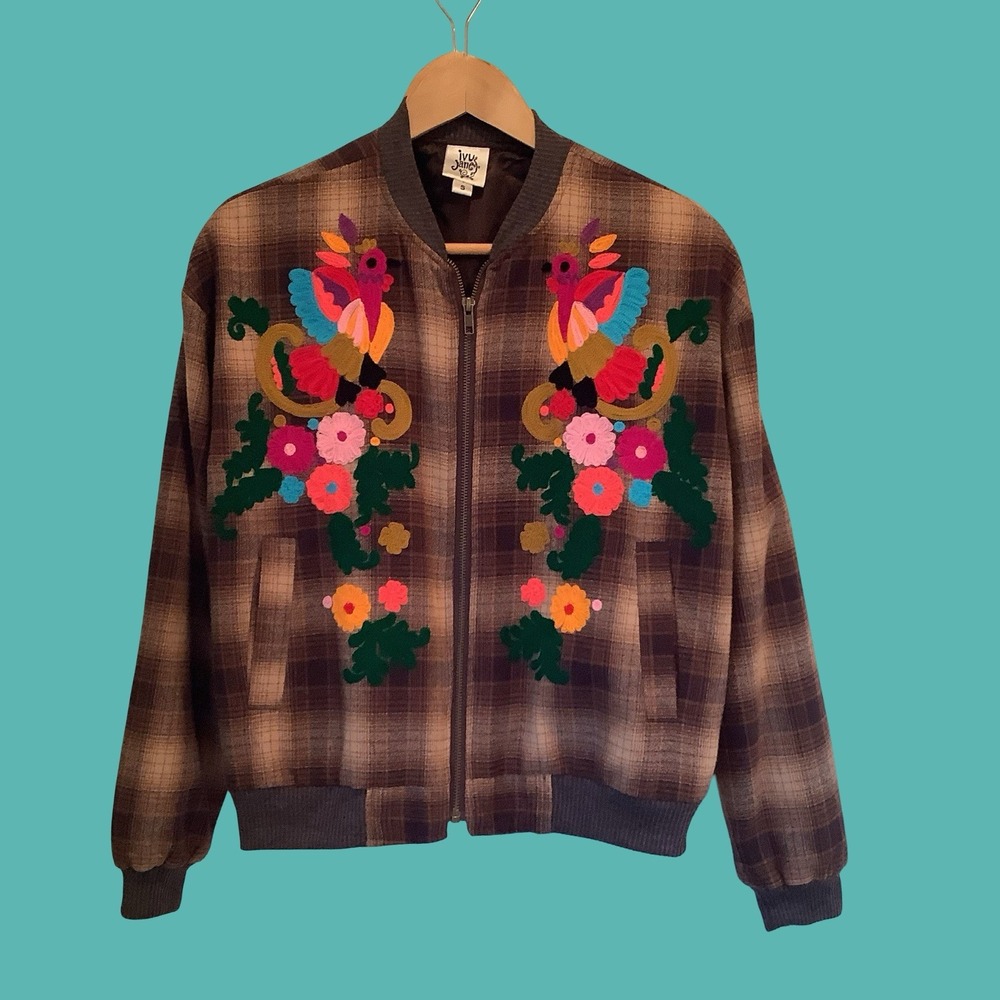 Ivy Jane Brown Plaid Cotton Zip Up Embroidered Bomber Jacket Oaxaca Style Sz S